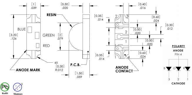 Mechanical Drawing - Optek / TT Electronics OVSRRGBCC3 LEDs