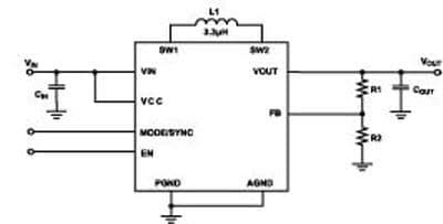 Application Circuit Diagram - Monolithic Power Systems (MPS) MP2155 Single Inductor Buck-Boost Converters