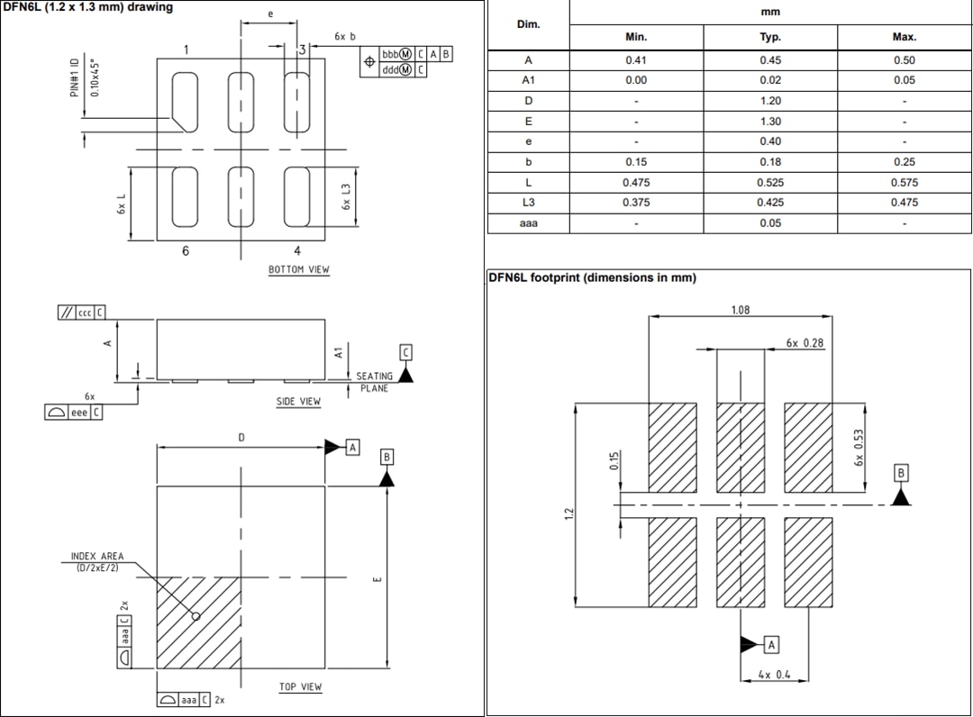 Mechanical Drawing - STMicroelectronics LDK130P DFN-6L Low Drop Voltage Regulators