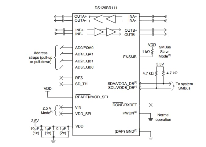 Schematic - Texas Instruments DS125BR111 12.5Gbps Linear Repeater