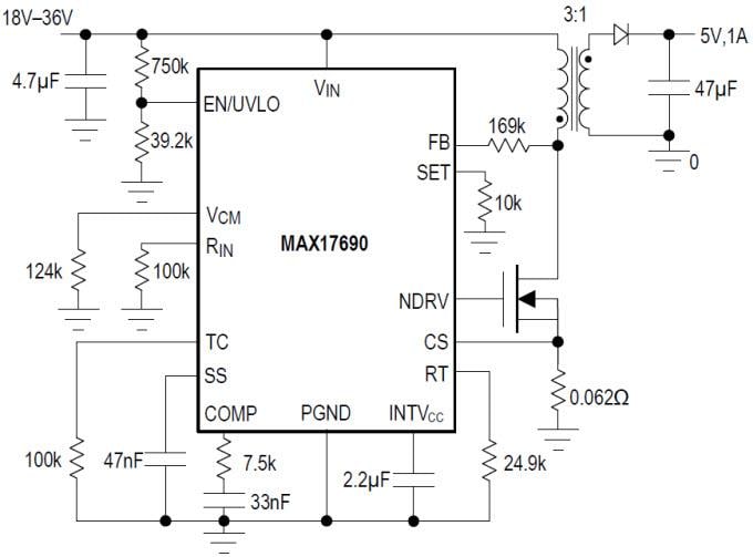 Application Circuit Diagram - Analog Devices / Maxim Integrated MAX17690 Isolated Flyback Controller