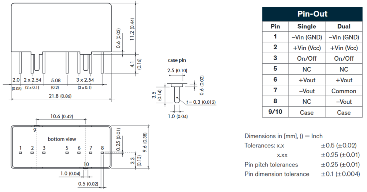 Mechanical Drawing - TRACO Power TVN-3 3W DC/DC Converter