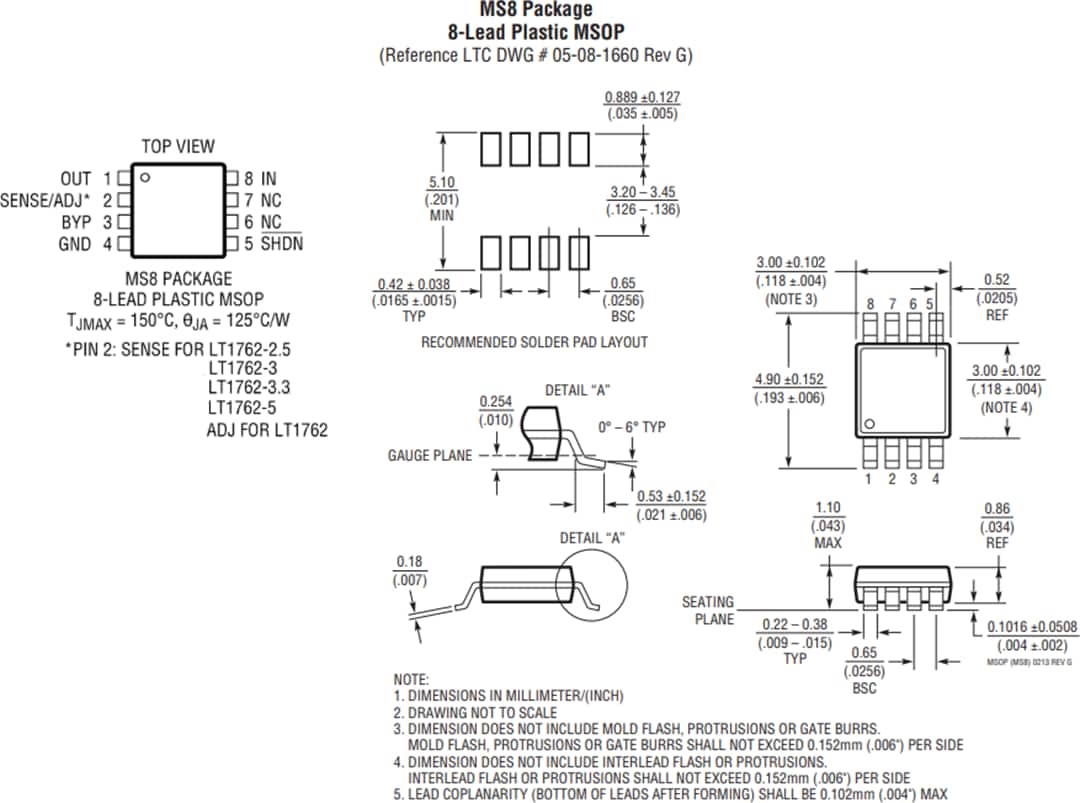 Mechanical Drawing - Analog Devices Inc. LT1762 150mA Low Noise Micropower LDO Regulators