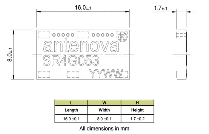 Mechanical Drawing - Antenova SR4G053 Raptor GNSS Antenna