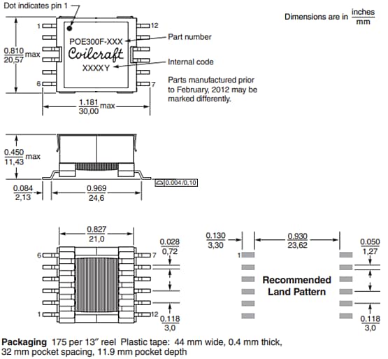 Mechanical Drawing - Coilcraft PoE300F Flyback Transformers