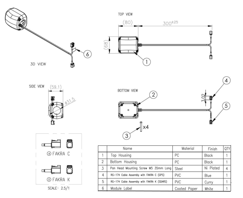 Mechanical Drawing - Taoglas MA5022 2-in-1 Mirror Rail Mount Antenna