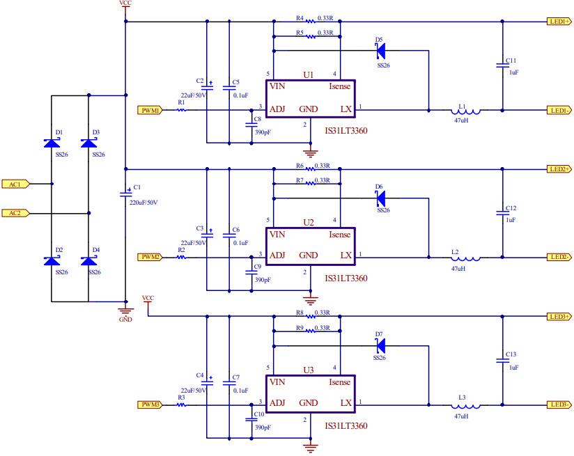 Schematic - ISSI 31LT3360SDLS3EBM LED Lighting Evaluation Board