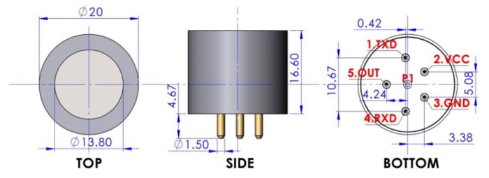 Mechanical Drawing - Amphenol SGX Sensortech Integrated IR (INIR) Gas Sensors for R32 & R290