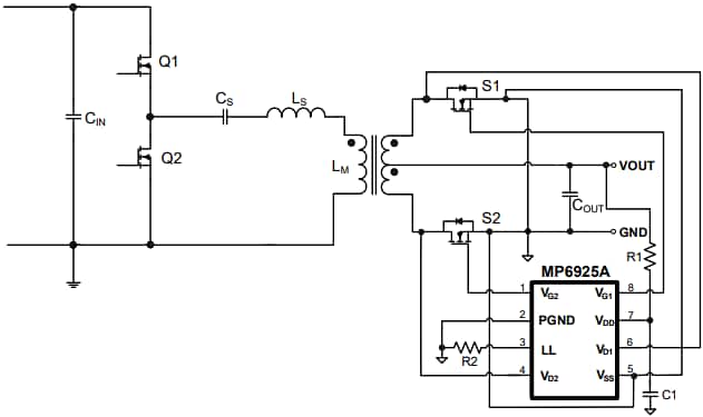 Application Circuit Diagram - Monolithic Power Systems (MPS) MP6925AGS-x Dual-LLC Synchronous Rectifiers