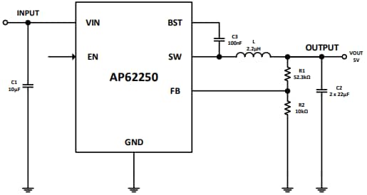 Application Circuit Diagram - Diodes Incorporated AP62250 Synchronous Buck Converters