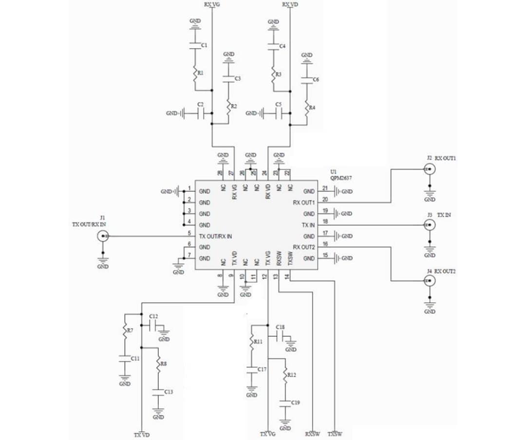 Application Circuit Diagram - Qorvo QPM2637 X-Band GaN MMIC Front-End Module (FEM)