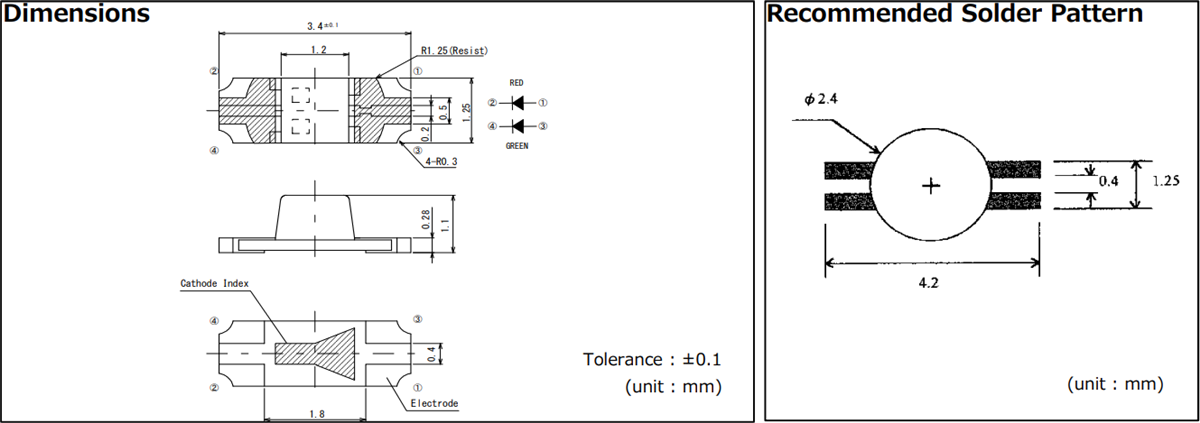 Mechanical Drawing - ROHM Semiconductor SML-825MVW 2-Color Chip LED