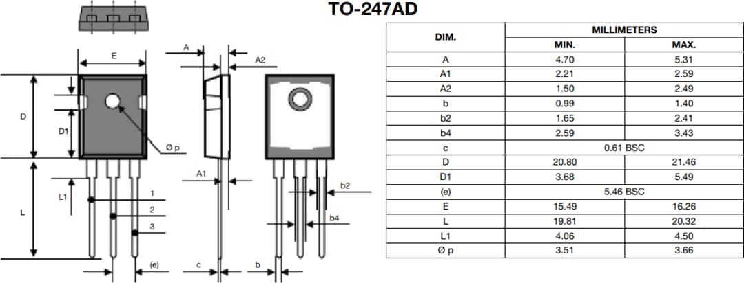 Mechanical Drawing - Vishay / Siliconix SQW61N65EF Automotive E Series Power MOSFET