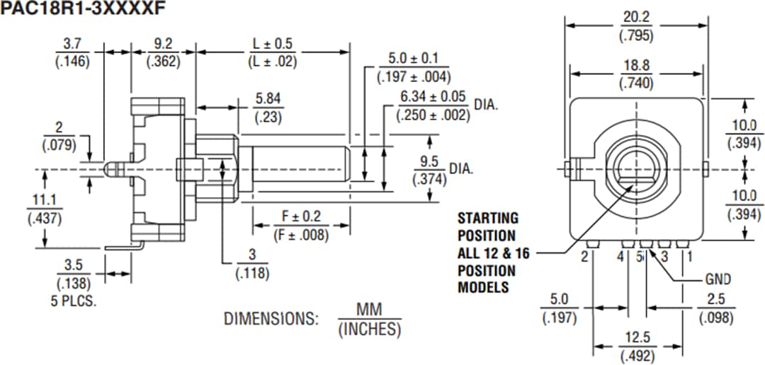 Mechanical Drawing - Bourns PAC18R 18mm Low Profile Absolute Encoders