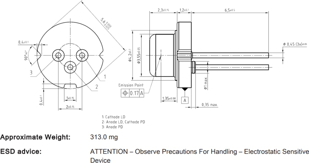 Mechanical Drawing - ams OSRAM Metal Can® TO56 PLT5 522FA_P Green Laser Diode