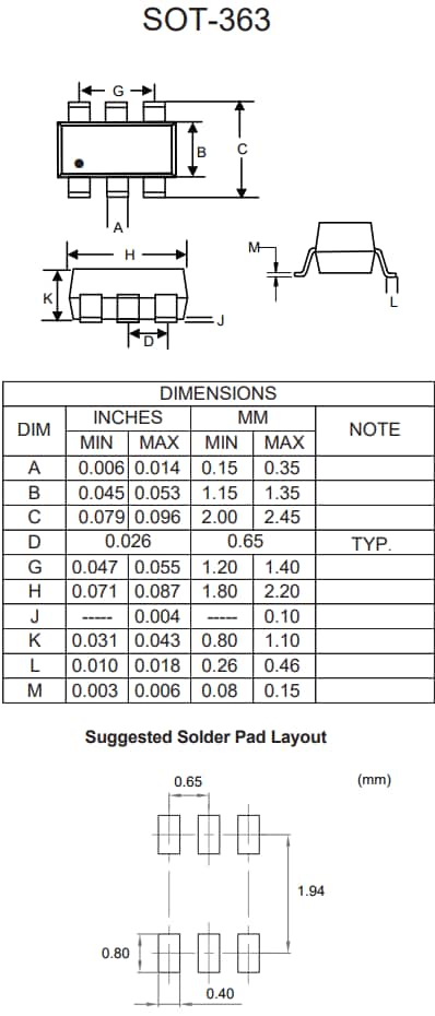 Mechanical Drawing - Micro Commercial Components (MCC) MMDT5551HE3 Dual NPN Transistor