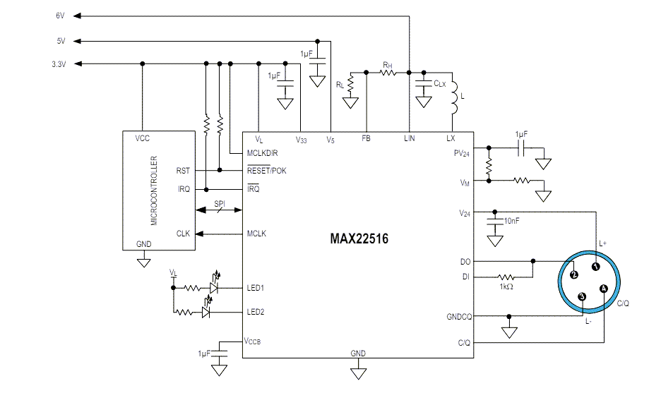 Application Circuit Diagram - Analog Devices Inc. MAX22516 IO-Link Data Link Controllers