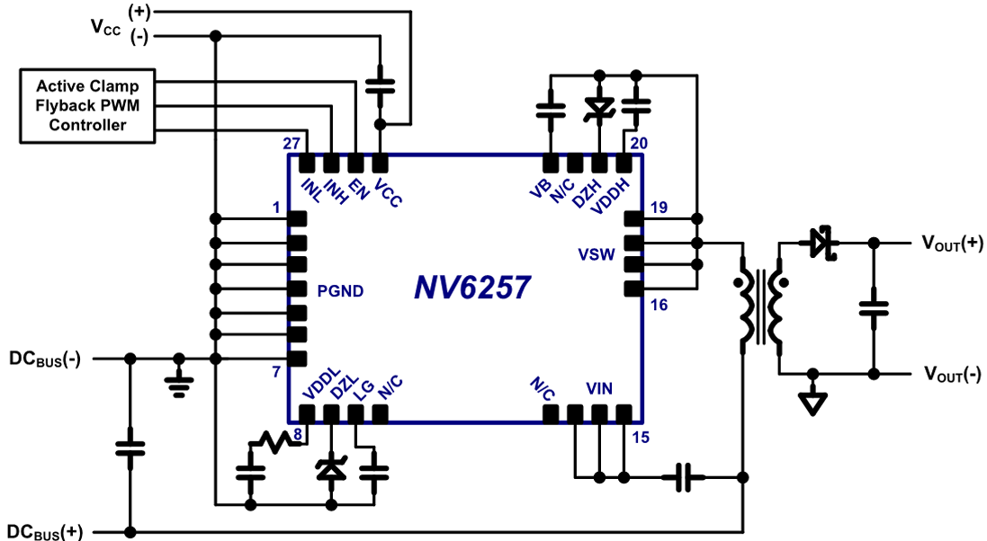 Application Circuit Diagram - Navitas Semiconductor NV6257 650V Half-Bridge GaNFast™ Power ICs