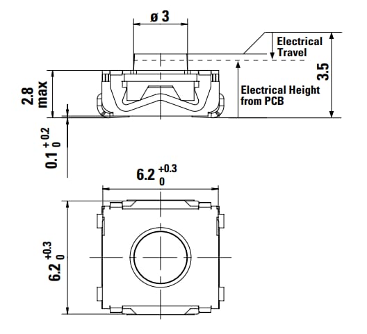 Mechanical Drawing - C&K Switches KSC with Electrical Height Tactile Switches