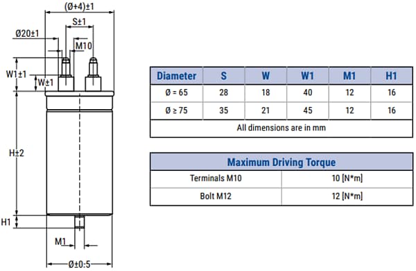 Mechanical Drawing - KEMET C44P-T Aluminum Can Power Film Capacitors