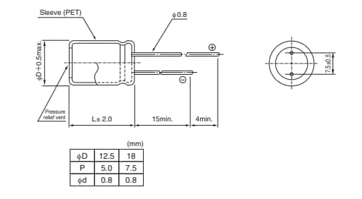 Mechanical Drawing - Nichicon UBR AEC-Q200 Aluminum Electrolytic Capacitors