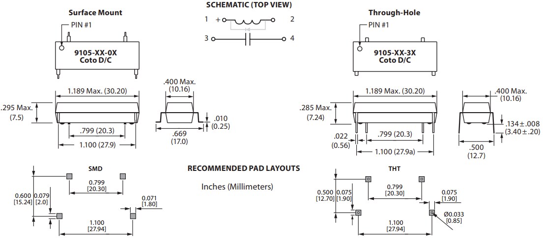 Mechanical Drawing - Coto Technology 9105 Hi-Voltage SMD & DIP Reed Relays