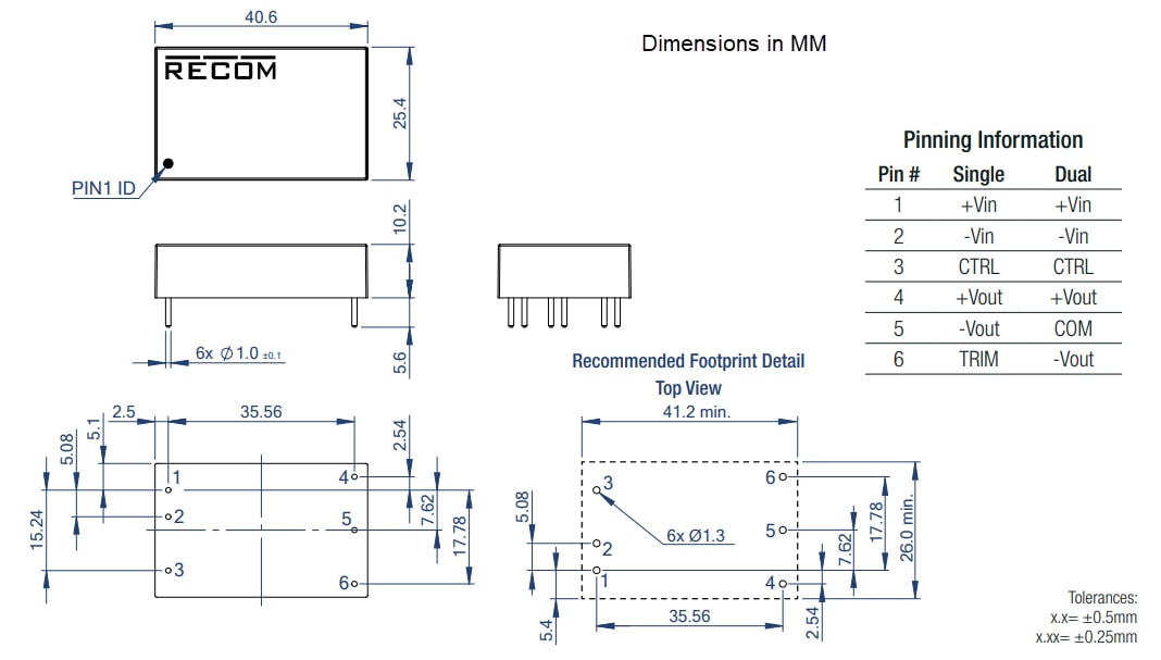 Mechanical Drawing - RECOM Power RPA20-FR DC-DC Converters