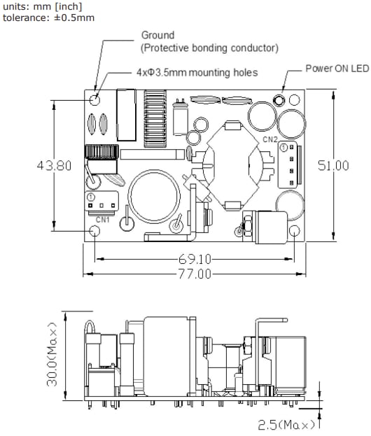 Mechanical Drawing - CUI Inc VOFM-65G Internal AC-DC Power Supplies