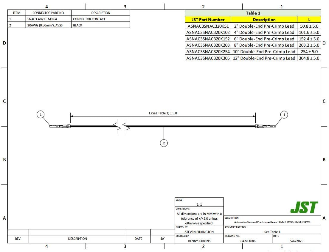 Mechanical Drawing - JST Connectors HVM Automotive Rectangular Cable Assemblies