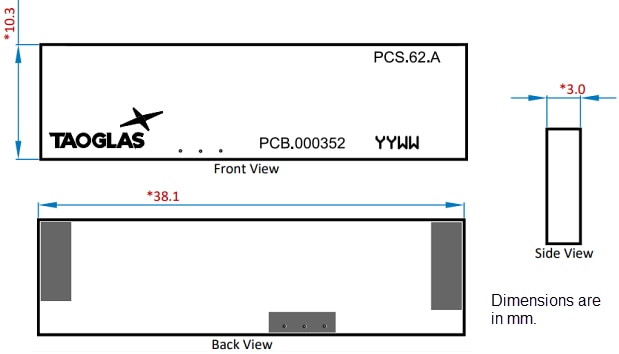 Mechanical Drawing - Taoglas PCS.62.A Low-Profile Wideband SMD Antenna