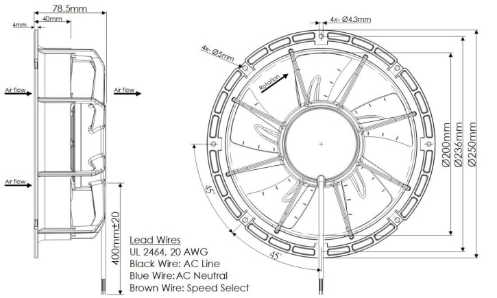 Mechanical Drawing - Orion Fans OE25079 250mm x 78.5mm Dual-Speed EC Fans