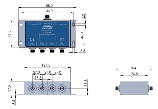 Mechanical Drawing - Calian TW16xB 1-4 Port Smart Power GNSS Signal Splitters