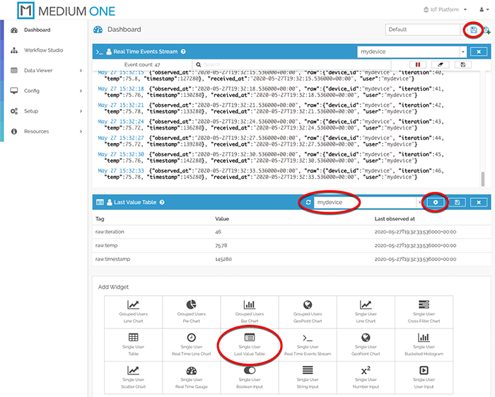 Messages can be seen in the Real Time Events Stream widget.
